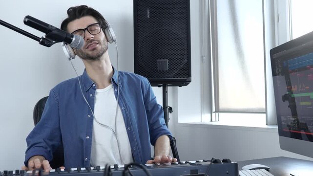 Young man in sound recording studio. Cheerful positive guy playing on keyboard and singing. Non-professional musician learning to play.
