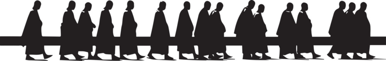 Black Silhouette Figures Carrying Horizontal Beam in Solemn Procession