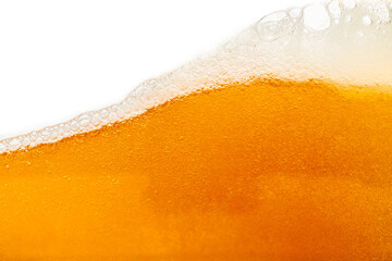 Close up bright orange Oil or beer splash texture and nature waves, Beautiful waves curve and little bubbles smooth for graphic design and background, Oil Bubbles, Soft beer bubbles, Selective focus
