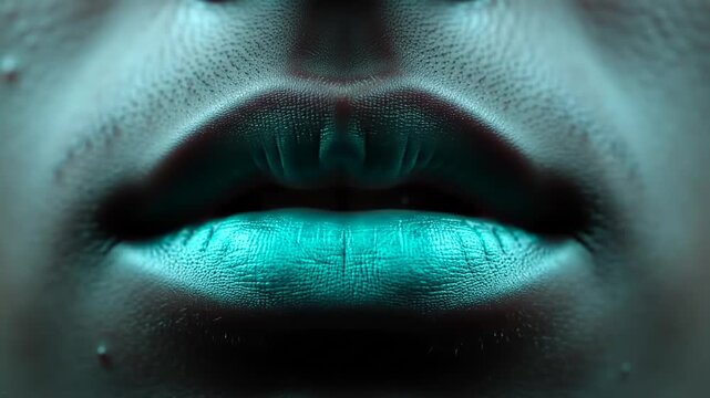 Close up view of human lips illuminated with teal light