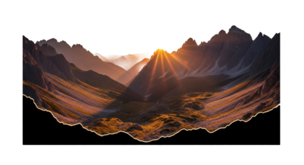 Mountain landscape cutout with warm sunset lighting, isolated on transparent background