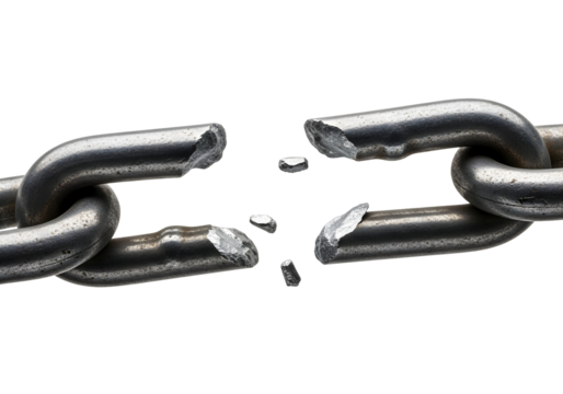 Severed Metallic Chain with Fragments Isolated Against Black Background