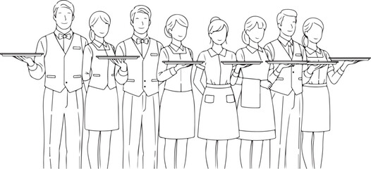Black and white line art of professional service staff holding trays.