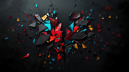 A shattered geometric pattern with sharp fragments of bright, contrasting colors scattered across a dark void, representing heartbreak or brokenness.
