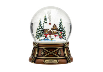 Snow Globe Winter Scene with Figures Pine Trees and Cottage