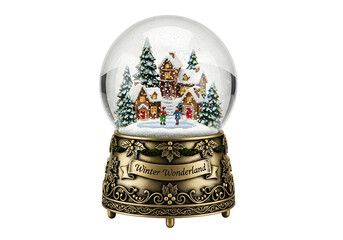 Snow Globe Winter Scene with Ornate Golden Base Festive Seasonal Holiday Ornament on Transparent Background