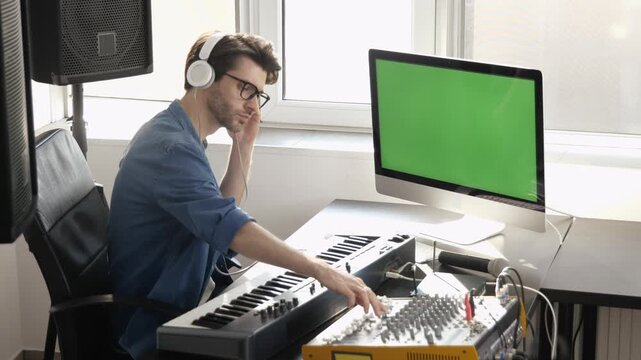 Young man in sound recording studio. Sit alone and using music mixing console with computer. Digital green screen. Recording sound in room.