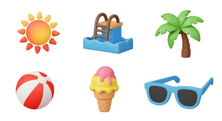 Summer Themed 3D Rendered Objects Sun Palm Tree Swimming Pool Beach Ball Ice Cream Sunglasses Isolated On Black Background