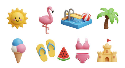 Summer Themed 3D Rendered Illustration on Black Background with Flamingo Sun Palm Tree Pool Ice Cream Flip Flops Watermelon Bikini and Sandcastle