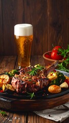 Delicious Grilled Steak with Roasted Vegetables and Beer.