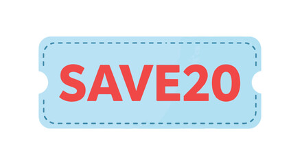 Enticing save20 voucher graphic displayed on light blue coupon with dotted edges, promoting discounts and shopping incentives