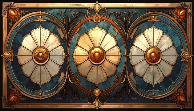 Ornate decorative panel with symmetrical floral motifs in cream, gold, and deep blue tones. - Powered by Adobe