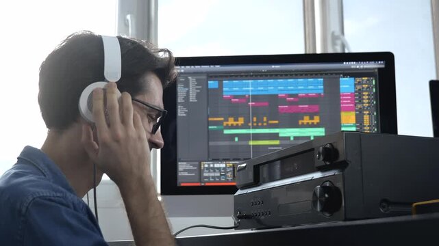 Young man in sound recording studio. Guy in slow motion changing music volume with right hand on special console. Listening to songs through headphones.