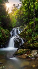 Obraz premium A tranquil waterfall cascading over dark rocks, bathed in the golden light of sunrise, nestled within a lush green forest.