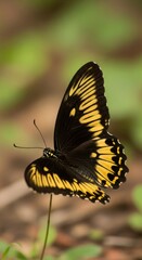 Butterfly with black and yellow wings perched on a stem