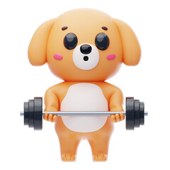 Dog Character Lifting Barbell 3D Illustration.