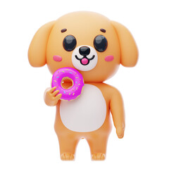Dog Character Eating Donuts 3D Illustration.