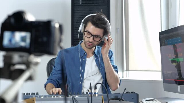 Young man in sound recording studio. Guy filming process of working with music mixing console and listening to it through headphones. Slow motion.