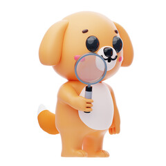 Dog Character Using A Magnifying Glass 3D Illustration.