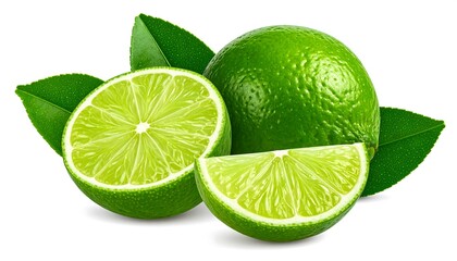 Fresh Green Limes with Leaves.