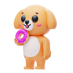 Dog Character Eating Donuts 3D Illustration.