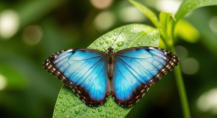 Vibrant blue butterfly perched on a green leaf with blurred foliage background