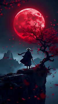 A lonely traveler tired of traveling and stopped to rest against the backdrop of a red moon, anime wallpaper