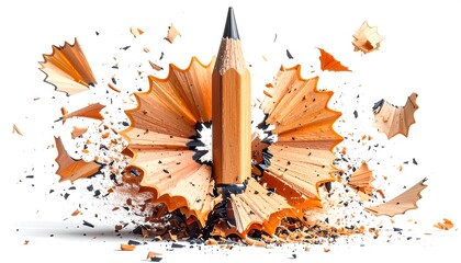 A vibrant pencil explodes in a radiant burst of shavings against a stark white background.