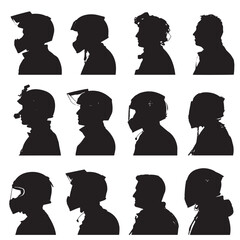 Collection of diverse helmet silhouettes in black and white isolated on white background