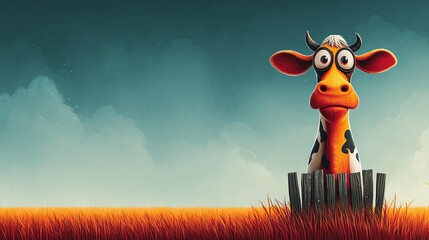 A whimsical cartoon cow standing in a vibrant field under clouds.