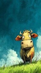 A whimsical illustration of a curious cow in a grassy meadow.