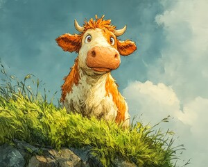 A whimsical cow character standing on a grassy hilltop.
