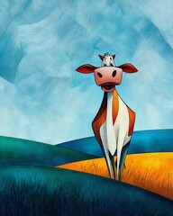 Colorful artistic depiction of a cow in a serene landscape.