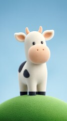 Cute cartoon cow figurine stands on a grassy hill under blue sky.