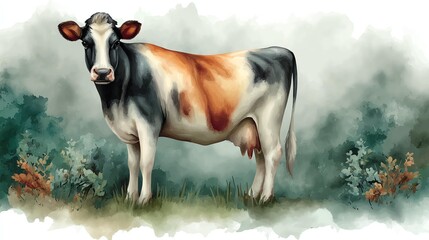 A beautiful cow standing gracefully in a serene landscape.