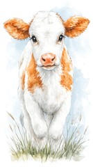 A charming watercolor illustration of a playful calf in grass.