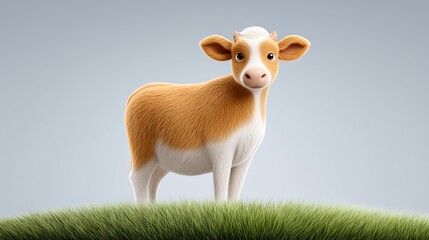 A cute calf standing on green grass with a serene background.