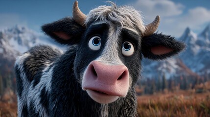 A curious cow with expressive eyes in a scenic landscape.