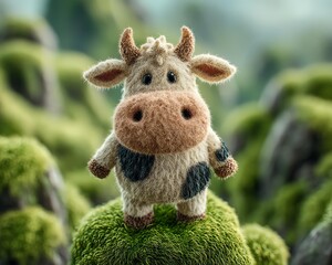 A cute felted cow standing on vibrant green moss.