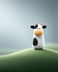 A playful cartoon cow figurine stands on smooth green hills.