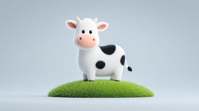 Cute cartoon cow figure standing on a green grassy hill.