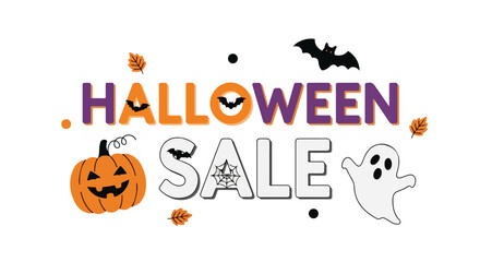A vibrant Halloween sale banner showcasing playful cartoon elements on a clean white background offering seasonal savings, perfect for marketing