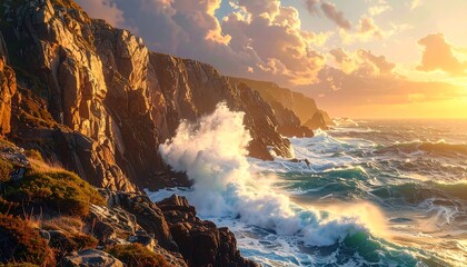 Waves crash on rocky coast