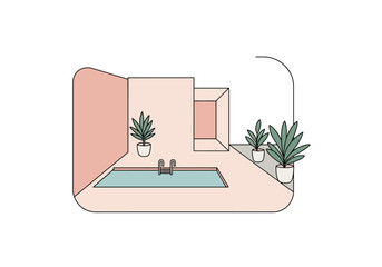Minimalist Indoor Pool with Plants and Pink Accents.
