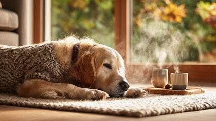 Golden retriever dog wearing a warm sweater and resting on a cozy rug beside steaming cups of hot beverage on a wooden tray, enjoying a tranquil autumn day indoors