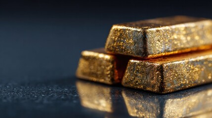 Close-up of three stacked shiny gold bars with textured surface on dark background emphasizing wealth and luxury in high-quality macro photography