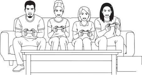 Line Art Illustration of People Playing Video Games on Sofa