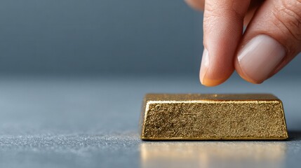 Close-up of a person's hand placing a gold bar on a flat surface, highlighting wealth, precious metals, investment, financial growth, and luxury concepts