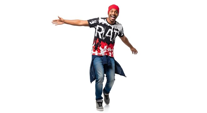 Energetic young black man with a bright red bandana and a graphic t shirt jumping with arms outstretched in a dynamic pose against a white background