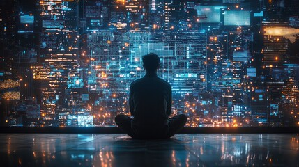 Person Sitting Cross-Legged on Floor Meditating in Front of a Large Bright Digital Cityscape Display on a Screen with Futuristic Technology and Cyber Security Elements